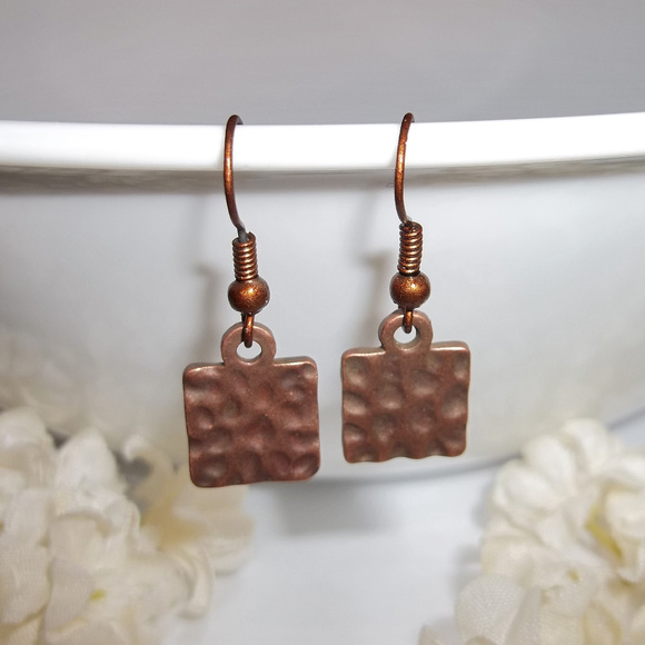 Boho Copper Earrings Dangle Hammered Metal Square Minimalist Style Dangle 3683 - Picture 6 of 7